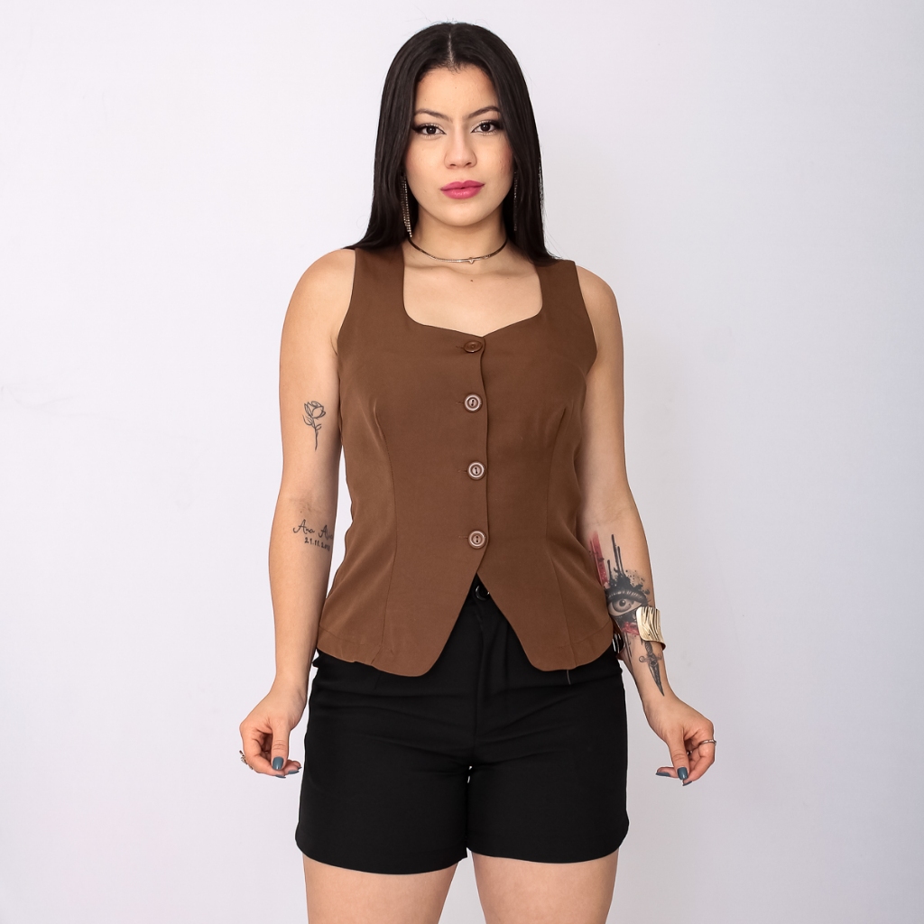 Colete Feminino Alfaiataria Alça Larga Gola Quadr