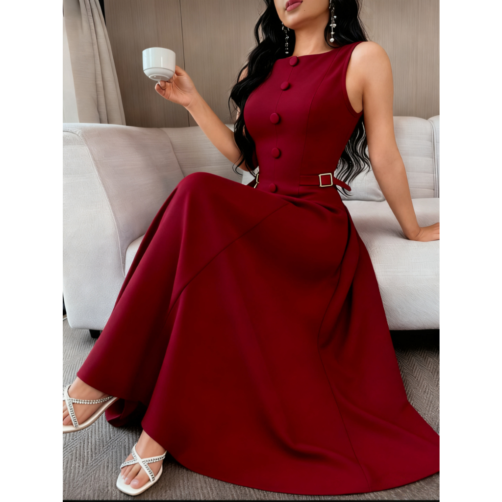 Vestido Elegante Feminino De Cor Sólida, Sem Mang