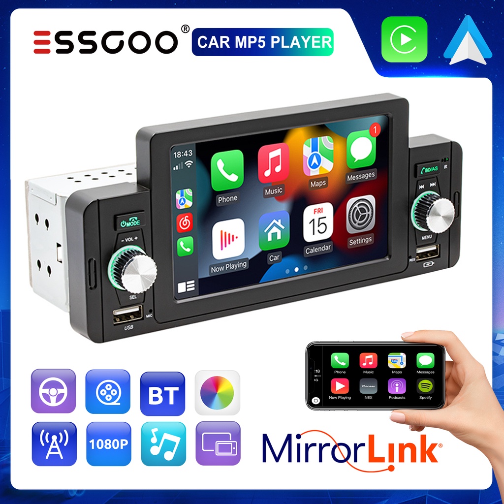ESSGOO Rádio Estéreo De Carro 5  HD 1 Din Com Mi