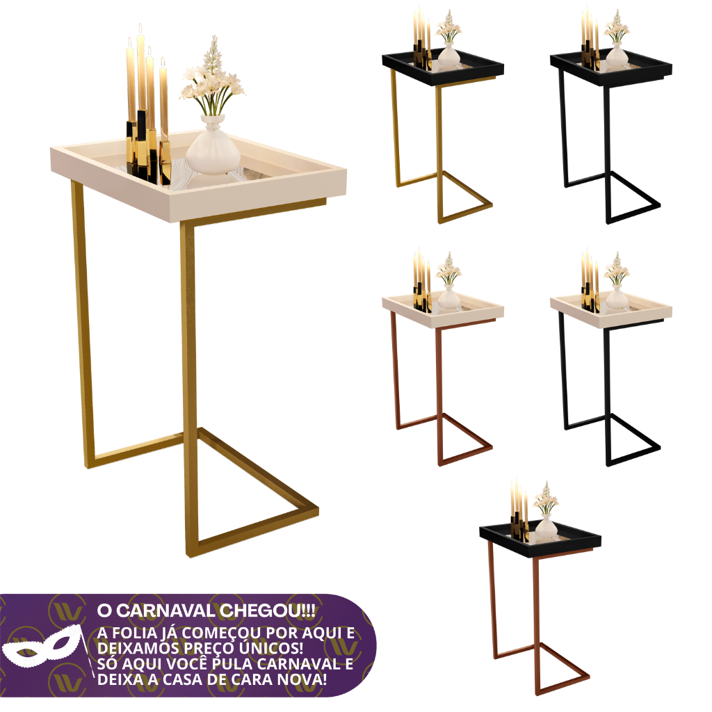 Mesa Lateral Espelhada Apoio Sala Sofá com Pés d