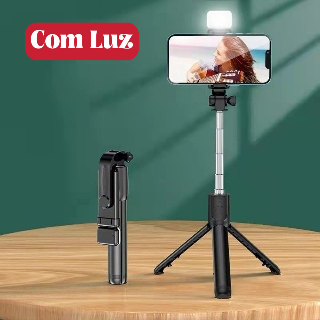 Bastão Pau de selfie Tripé Retrátil Com Luz LED