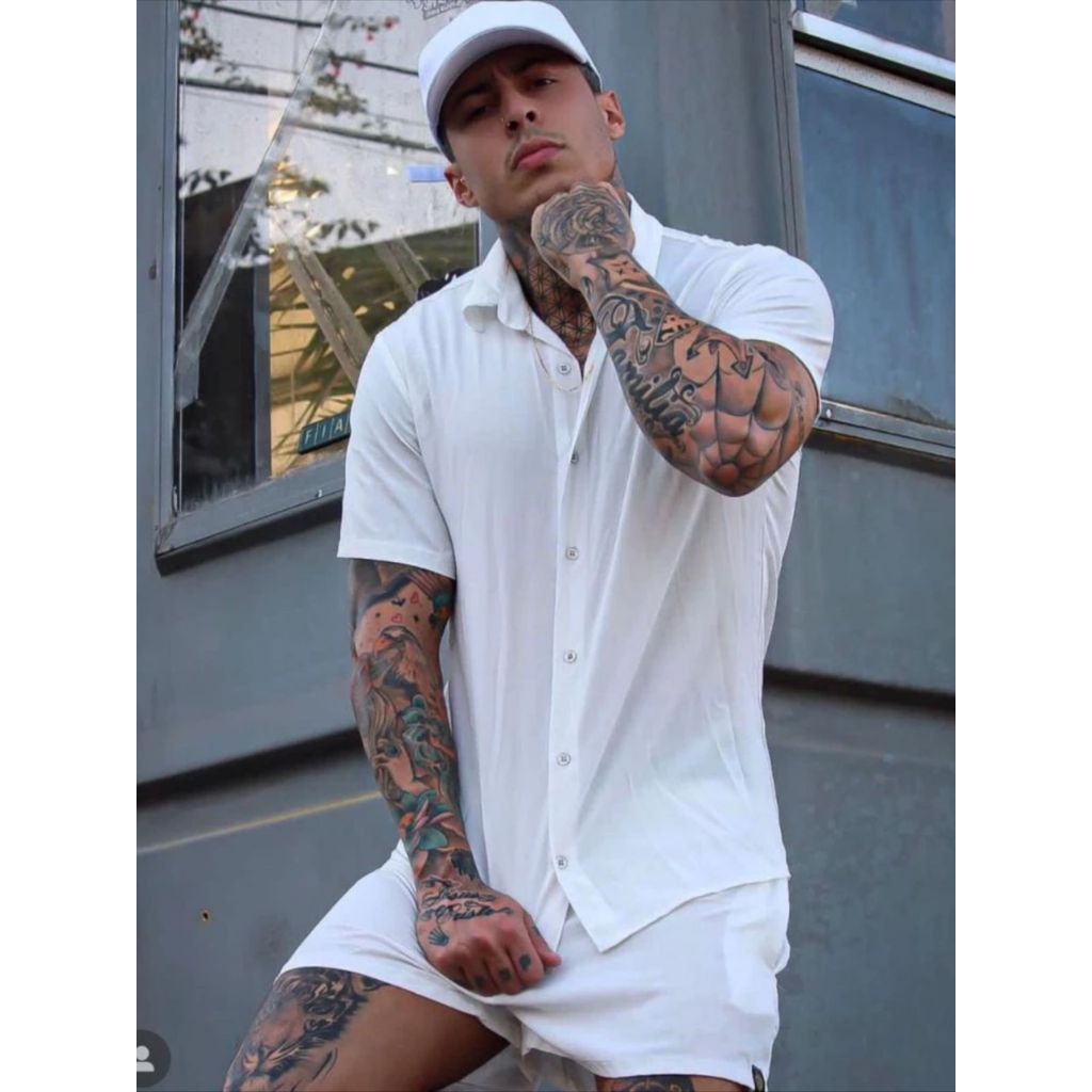 Conjunto Camisa e Short Florido Havaiano Liso Adul