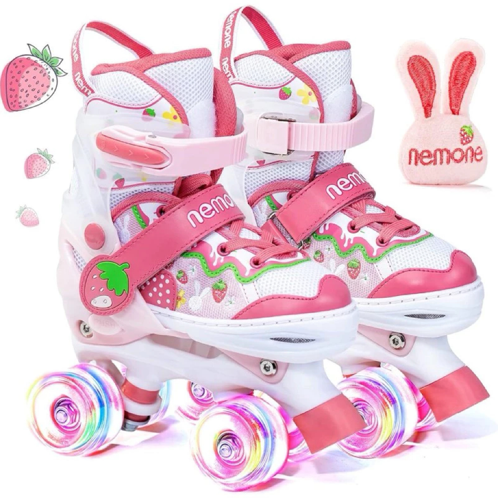 Patins Infantil 4 Rodas Rosa Morango Com Luz De Le
