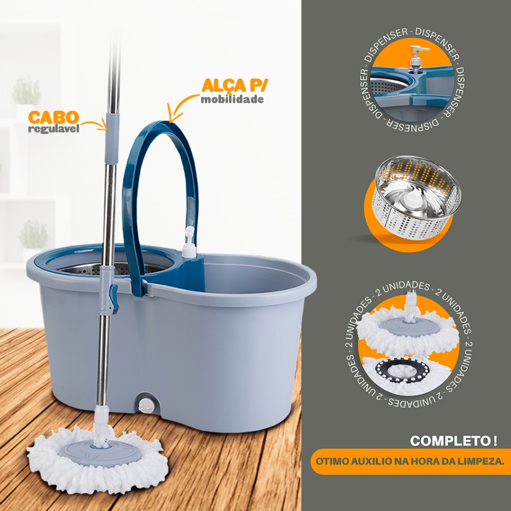 Mop 14 Litros Cabo 140 Cm + 2 Refis  Com Cesto Em 