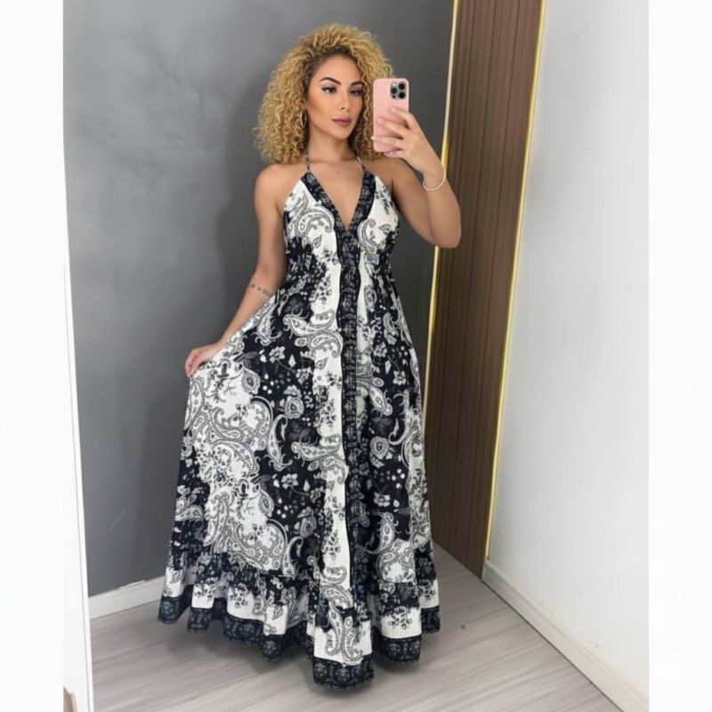 Vestido longo feminino decote v costas abertas ind