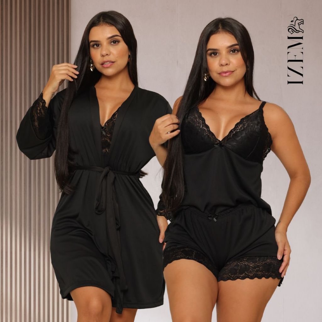 Kit Robe Feminino com Renda e Baby Doll Curto Sens