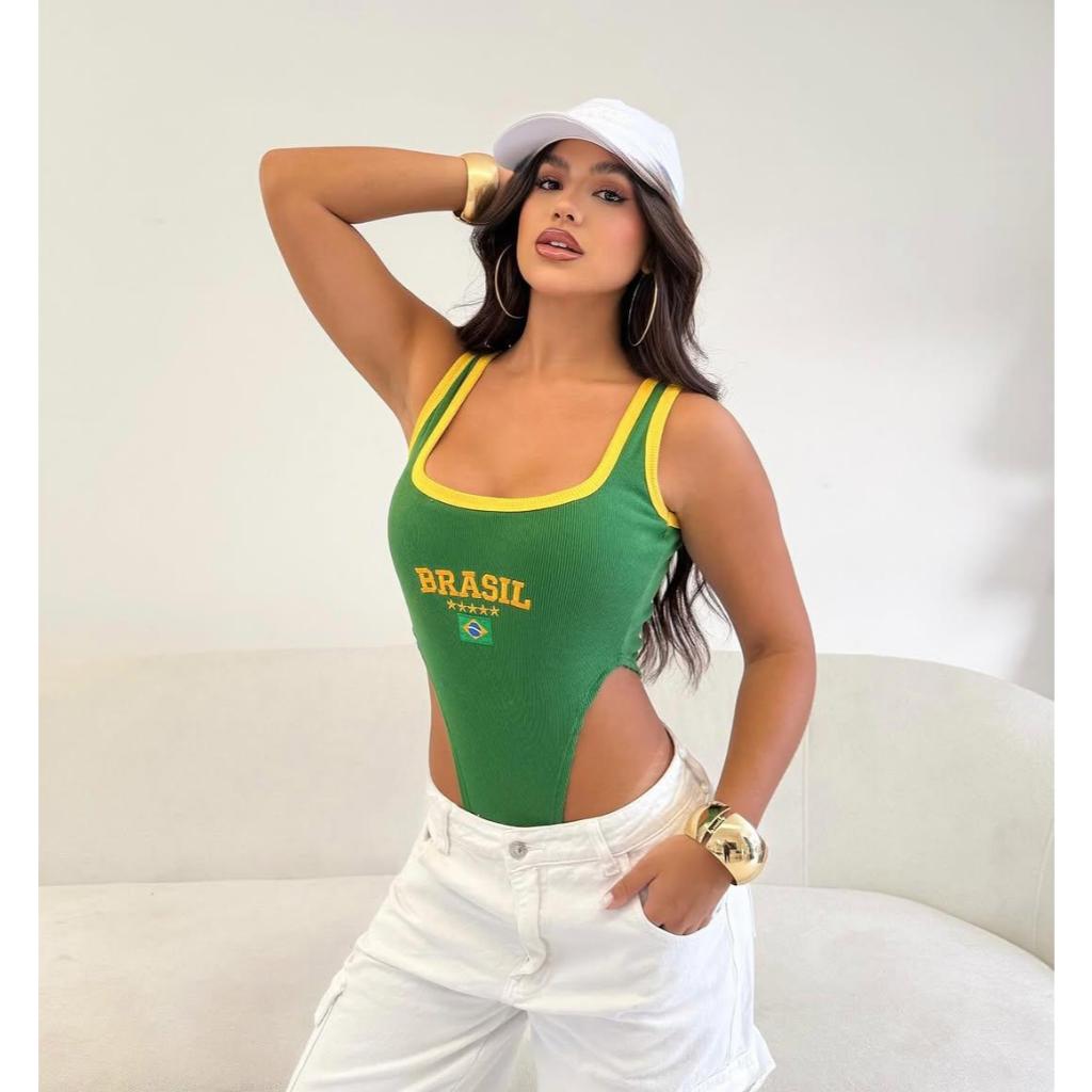 Body Brasil Cintura Cavada Decote Quadrado Estampa