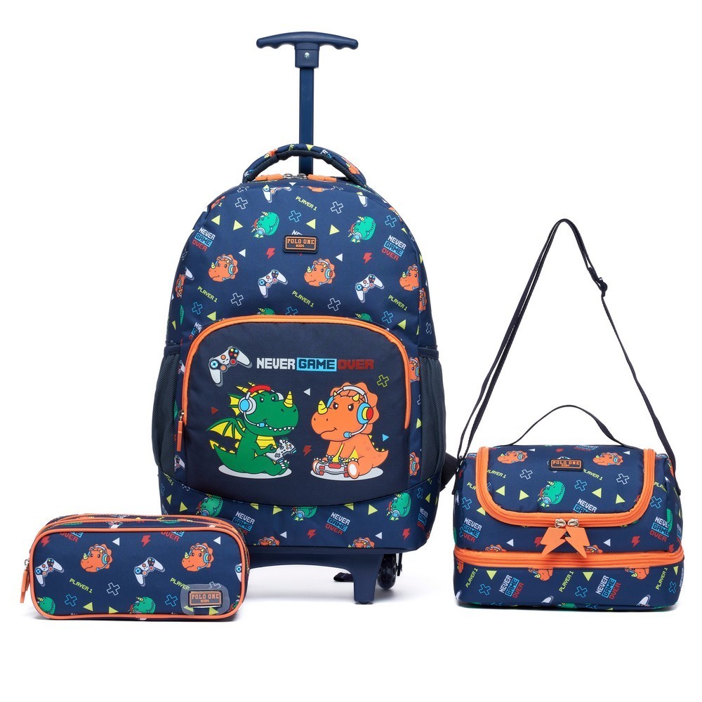 Kit Mochila Rodinha Escolar Menino Dino Game Estoj