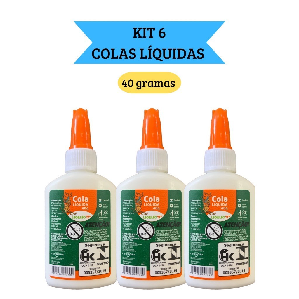 Kit 6 Cola Líquida Branca Escolar 40g com espátu