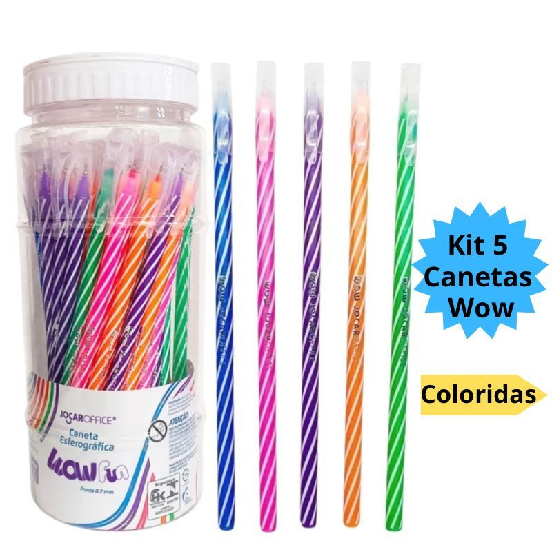 Kit 5 Canetas Esferográficas Wow 0.7mm Coloridas 