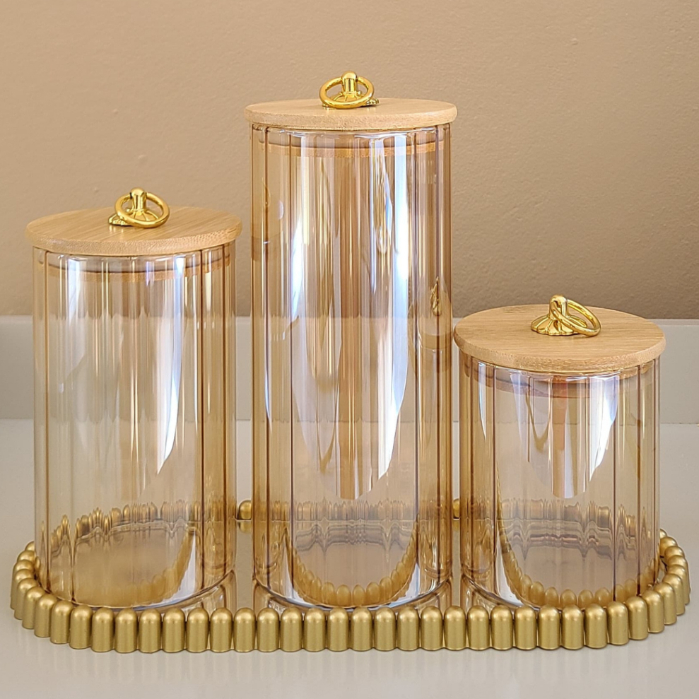 Kit Potes  canelado de  Vidro Âmbar dourado com T