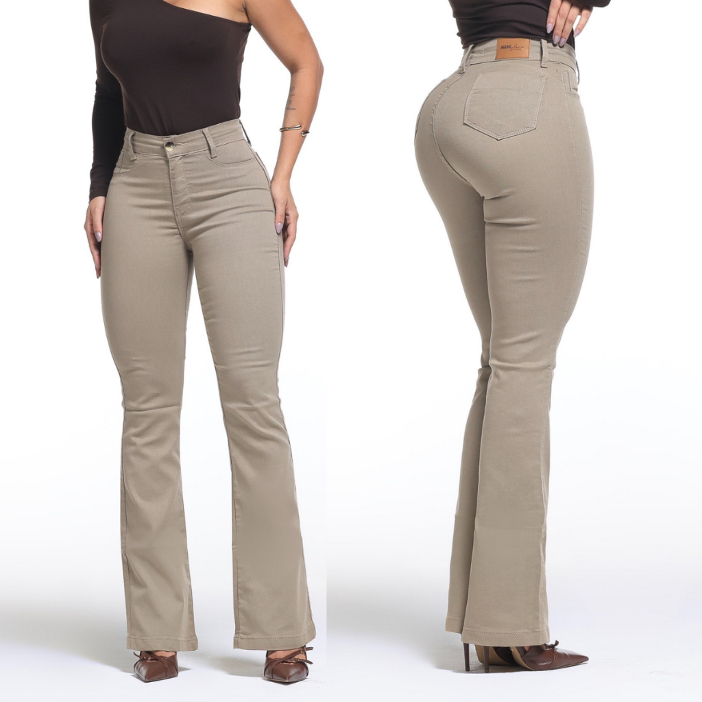 Calça Feminina Flare Pantalona Bege Jeans Premium