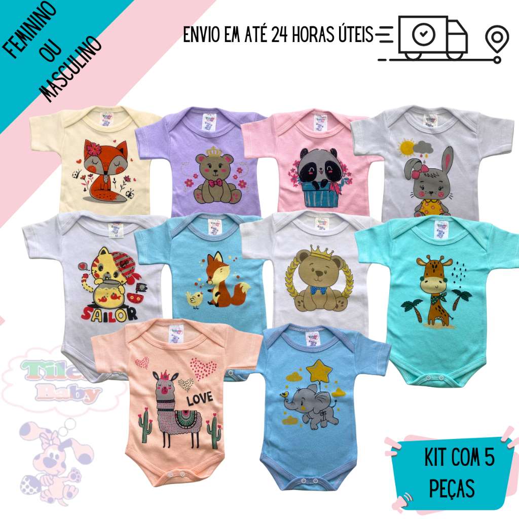 kit 5 peças body colorido manga curta 100% algod�