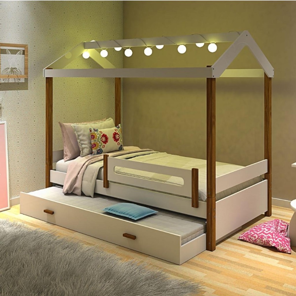 Cama Solteiro Eliz Branca com Luzes e Auxiliar Div