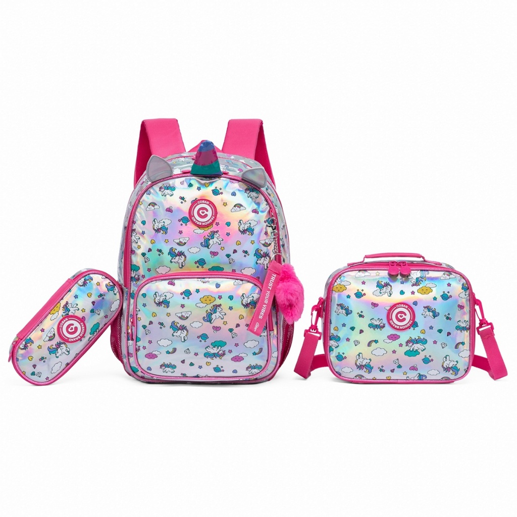 Kit Infantil Mochila Estojo Lancheira Unicornio Es