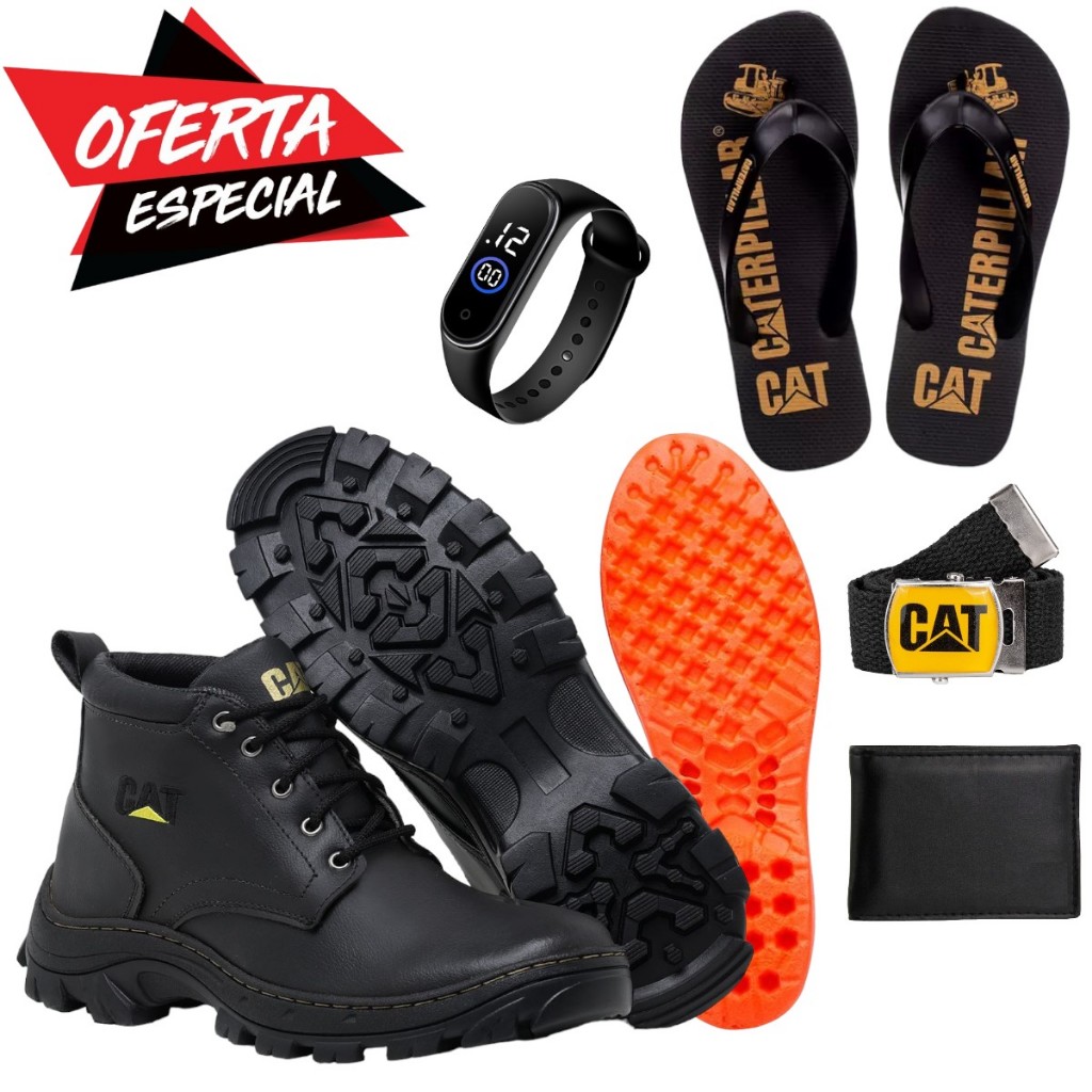 Kit Bota Coturno Caterpillar + 4 Acessorios Relogi