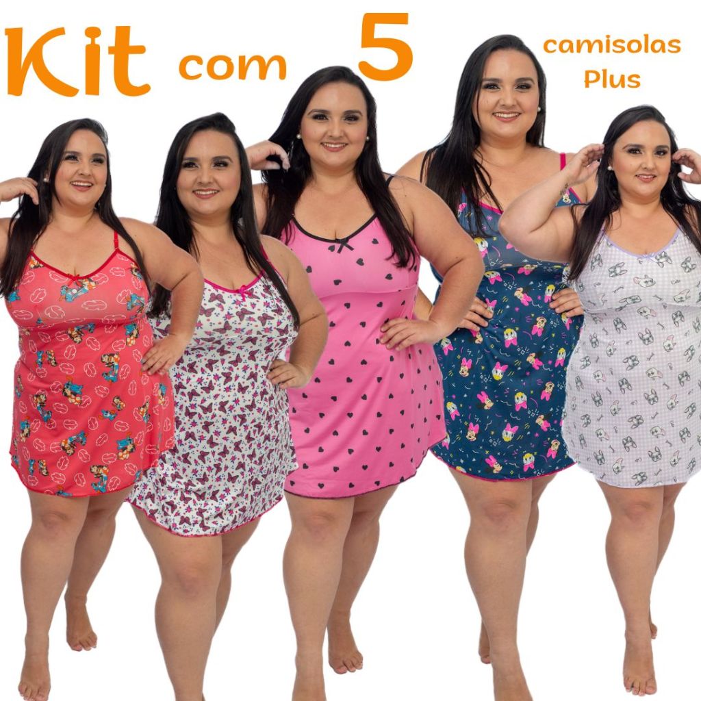 KIT com 5 Camisolas Plus Size Vestido de Dormir Pl