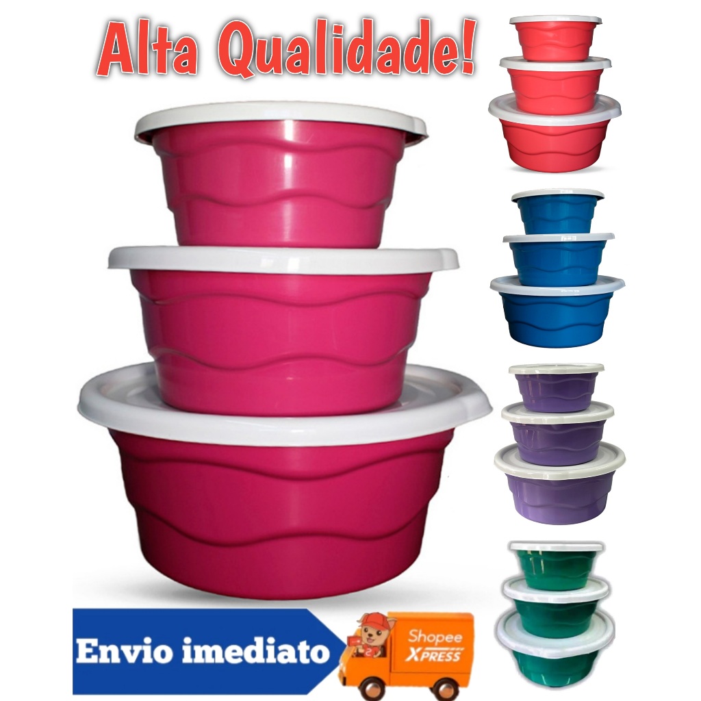 Kit 3 Bacias com Tampa Plástico Reforçado Multiu