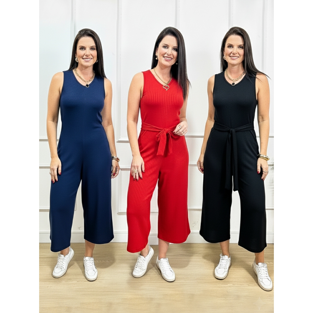 Macacão Pantacourt Canelado Feminino, Sem Manga, 