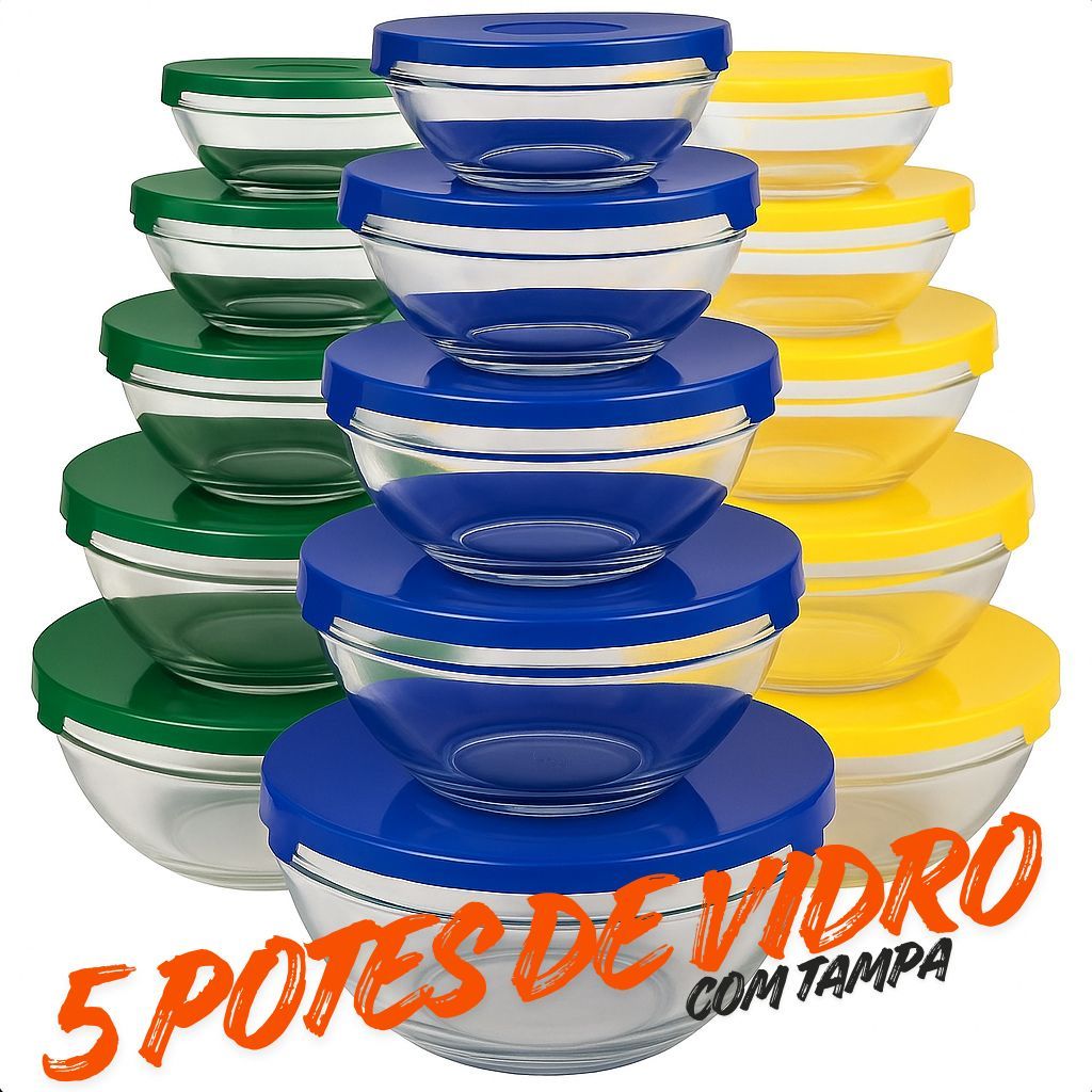 Kit com 5 Potes tigela de Vidro com Tampa 135 ml, 
