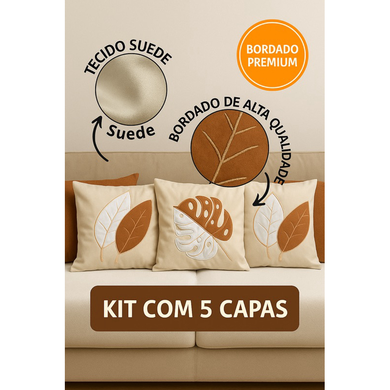 Kit 5 Almofadas Terracota Luxo Bordado Alto Relevo