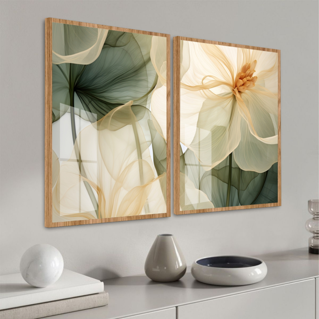 Quadro Moldura e Vidro Flor Verde e Bege Duas Peç