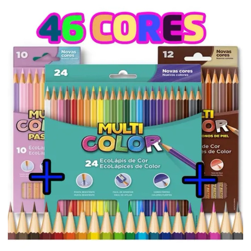 Lápis de Cor 46 Cores Multicolor Cores Básicas P