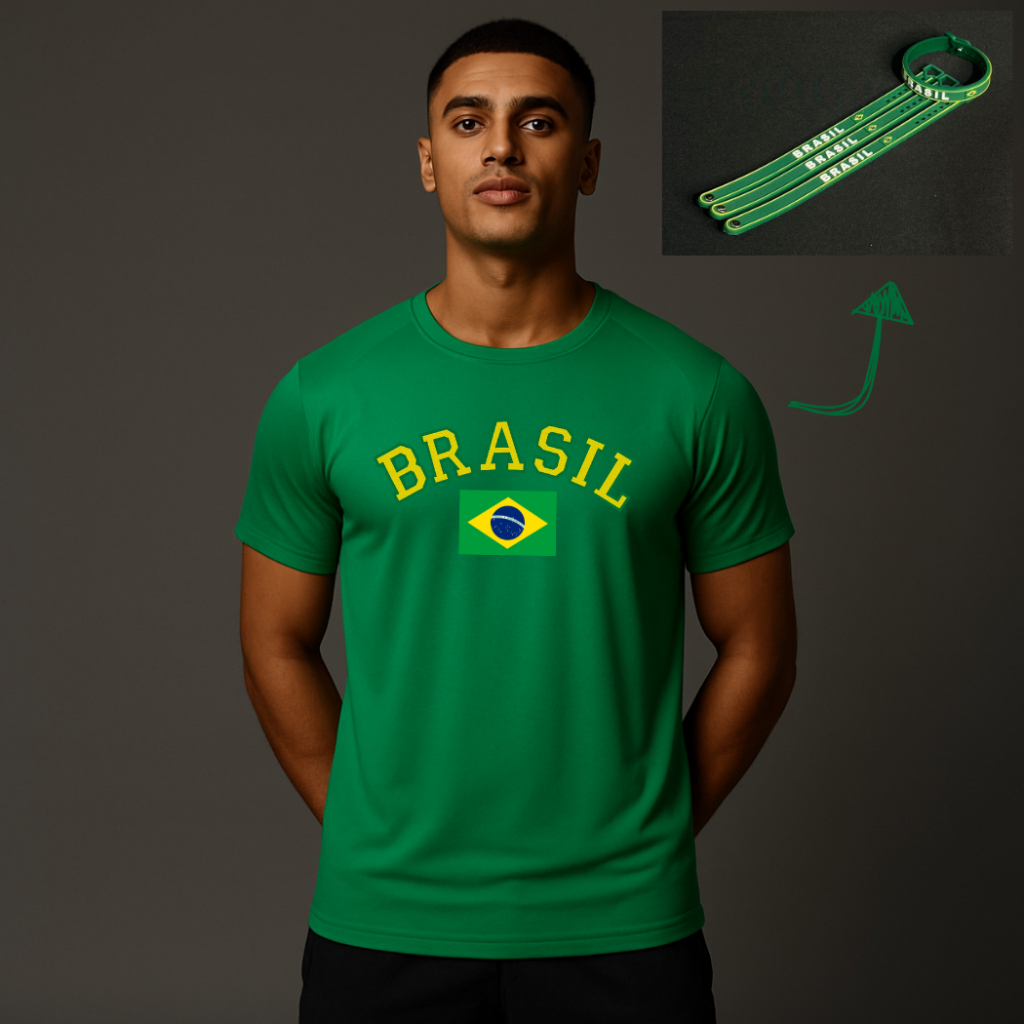 Camiseta Dry Fit Brasil Torcida Unissex + Pulseira
