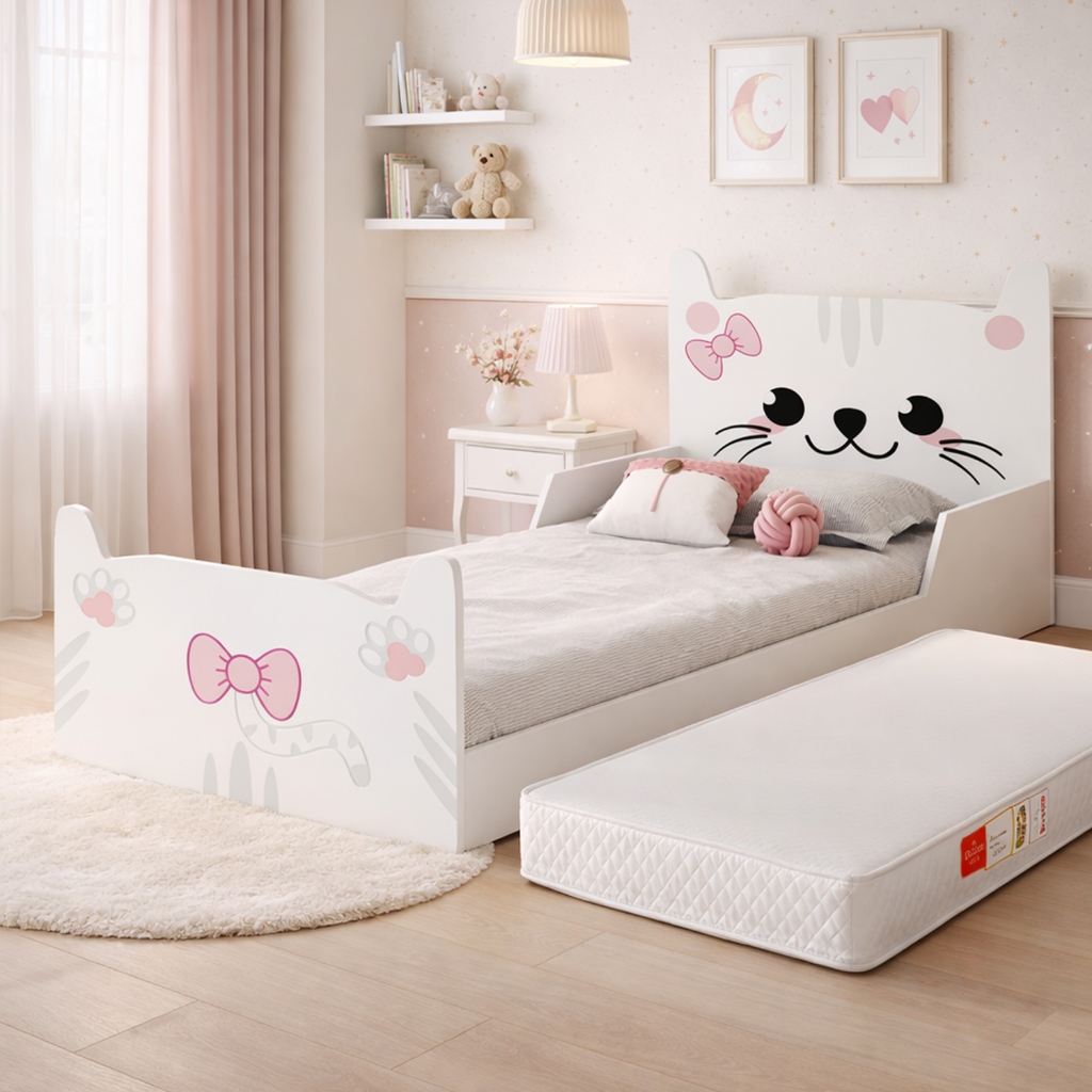 Cama Infantil Gatinho Branco Rosa em MDF Juvenil  