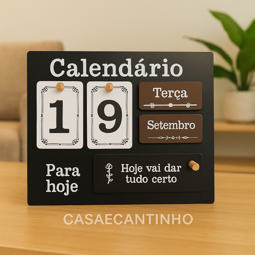 Calendário de Mesa Decorativo de Madeira com Quad