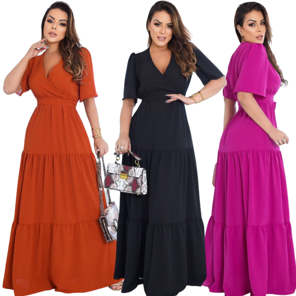 Vestido Longo Lizo Manga Curta Tecido Crepe Dunas 