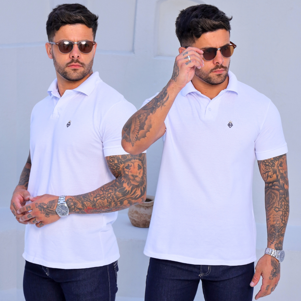Camisa Polo Branca Piquet  Masculina Camiseta Prem
