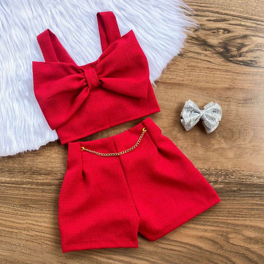 Conjunto Linho Infantil Menina de Laço Moda Blogu