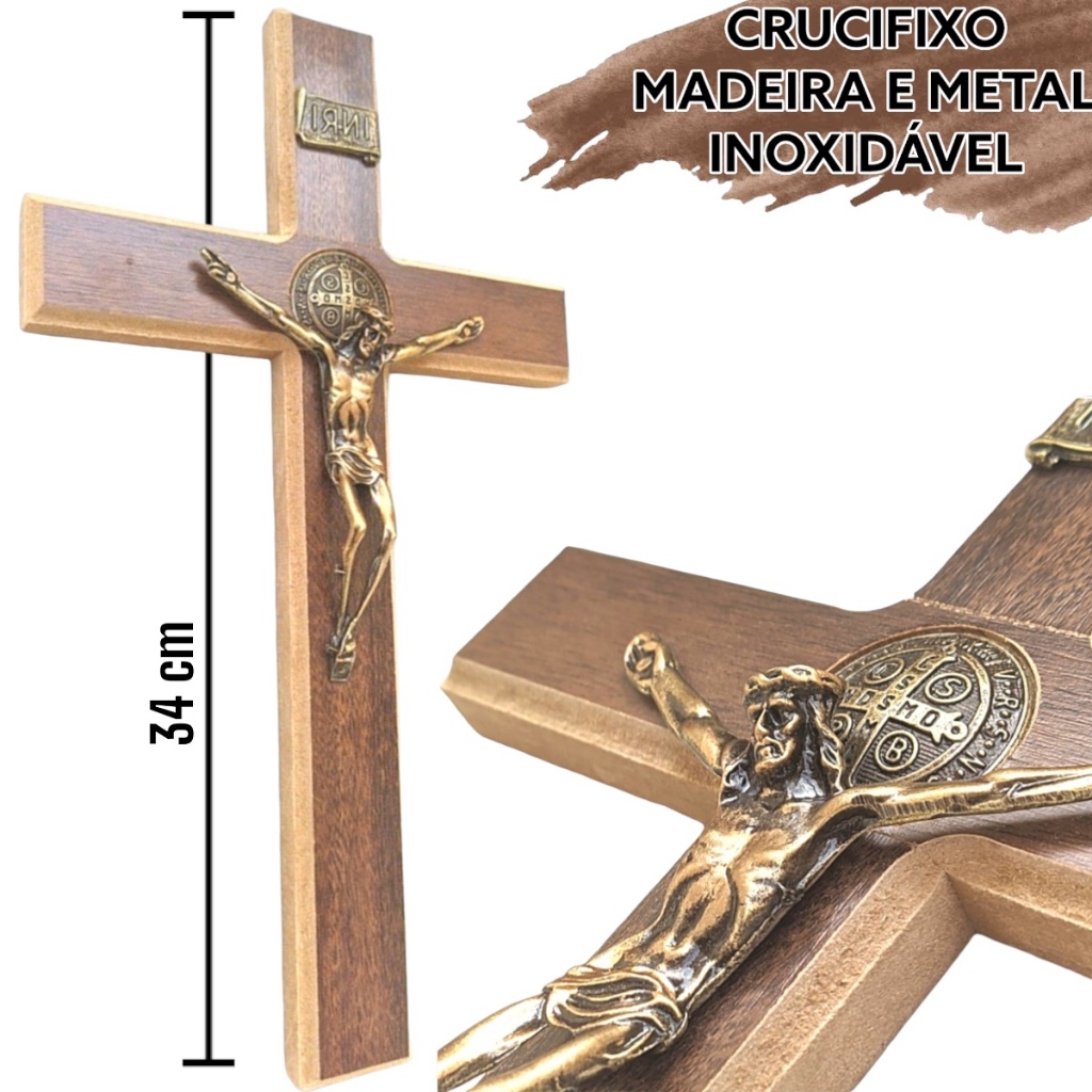 Crucifixo De Madeira Grande  E Metal Medalha São 