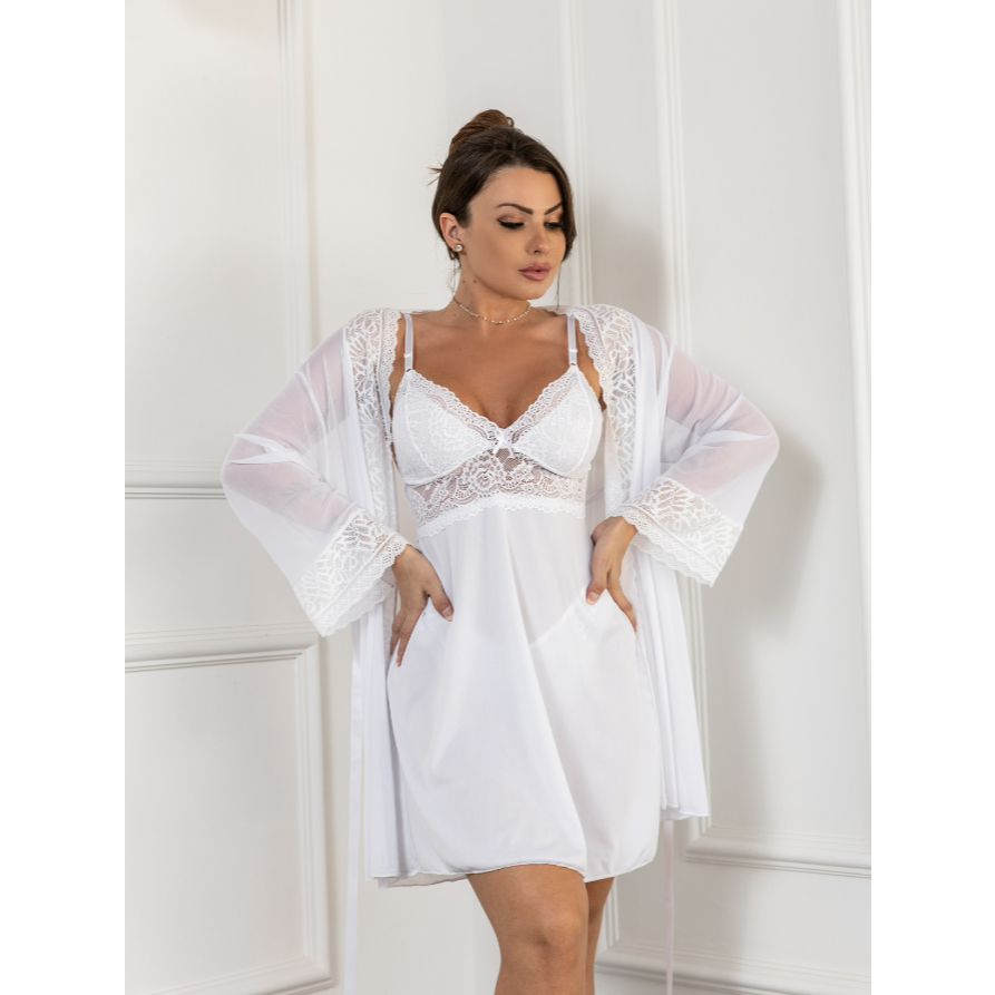 Kit Noiva Lua de Mel com 1 camisola e 1 robe luxo 