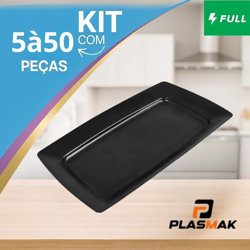 Kit 5 á 50 Bandejas Petisqueira Plástico Preto L