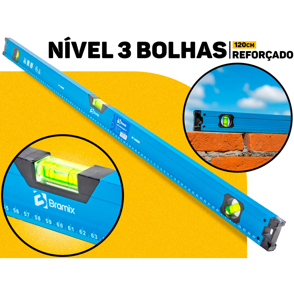 Nível De Alumínio 120cm 3 Bolhas Profissional Br