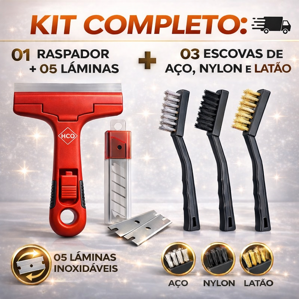 Kit Raspador Multiuso + 3 Escovas de Aço, Nylon e