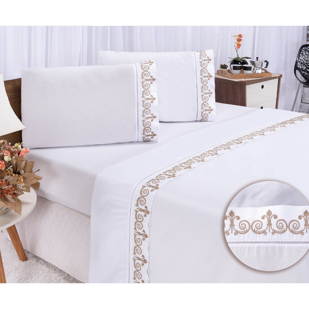 Jogo de Lençol Bordado para Cama Casal Queen Perc