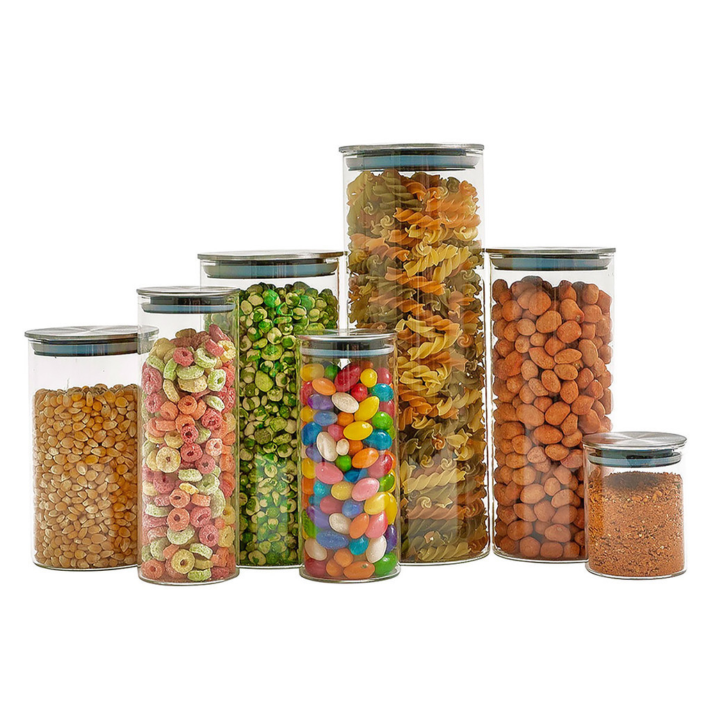 Kit 7 potes de vidro com tampa inox hermético red