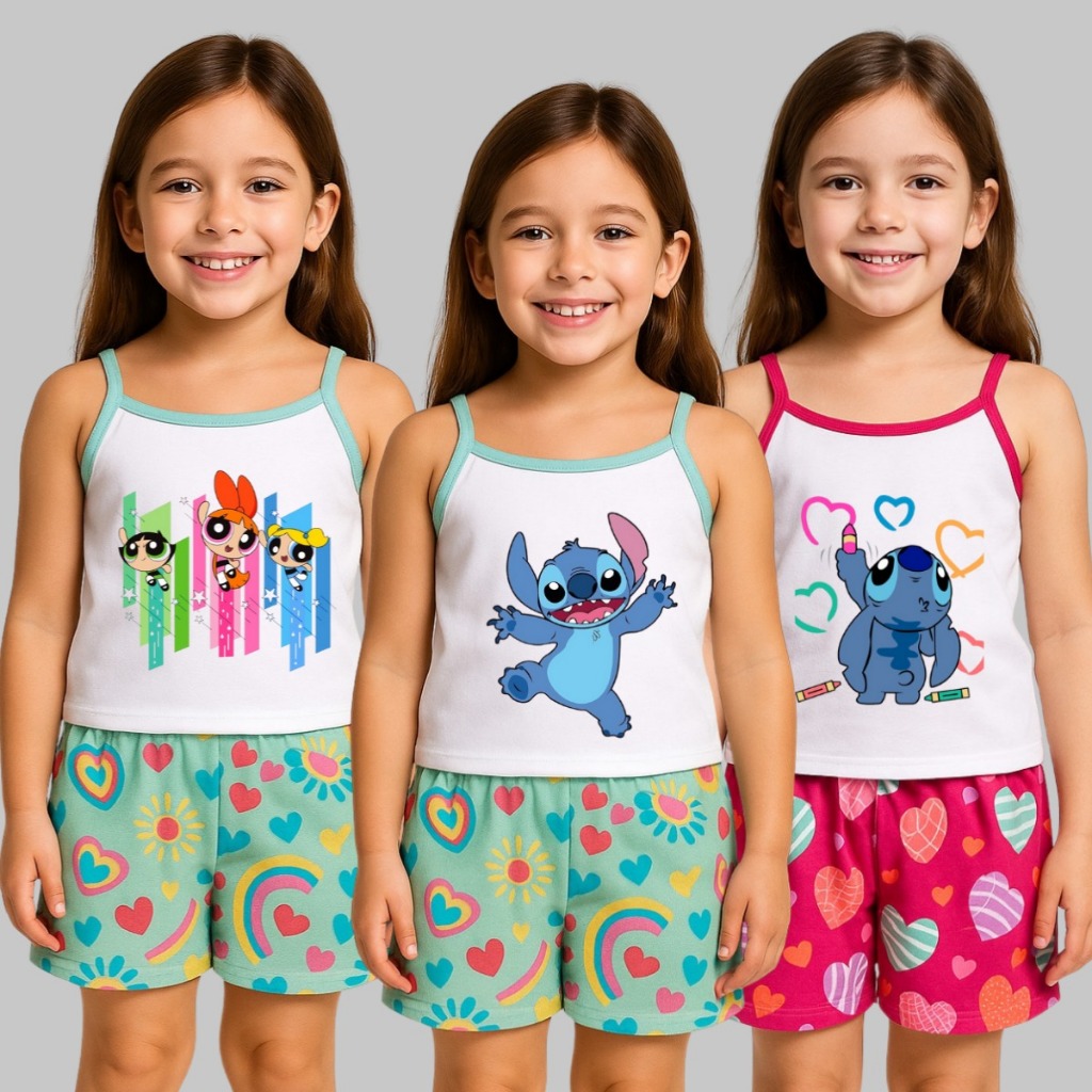 Kit 3 Pijamas Infantil Feminino Baby Doll-Short do