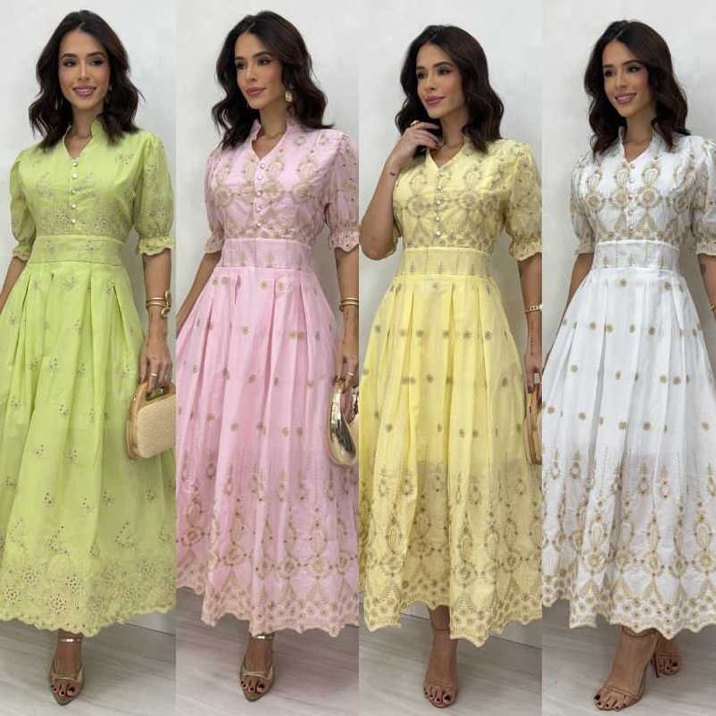 Vestido Midi Lese Bordado Manga Princesa Com Botã