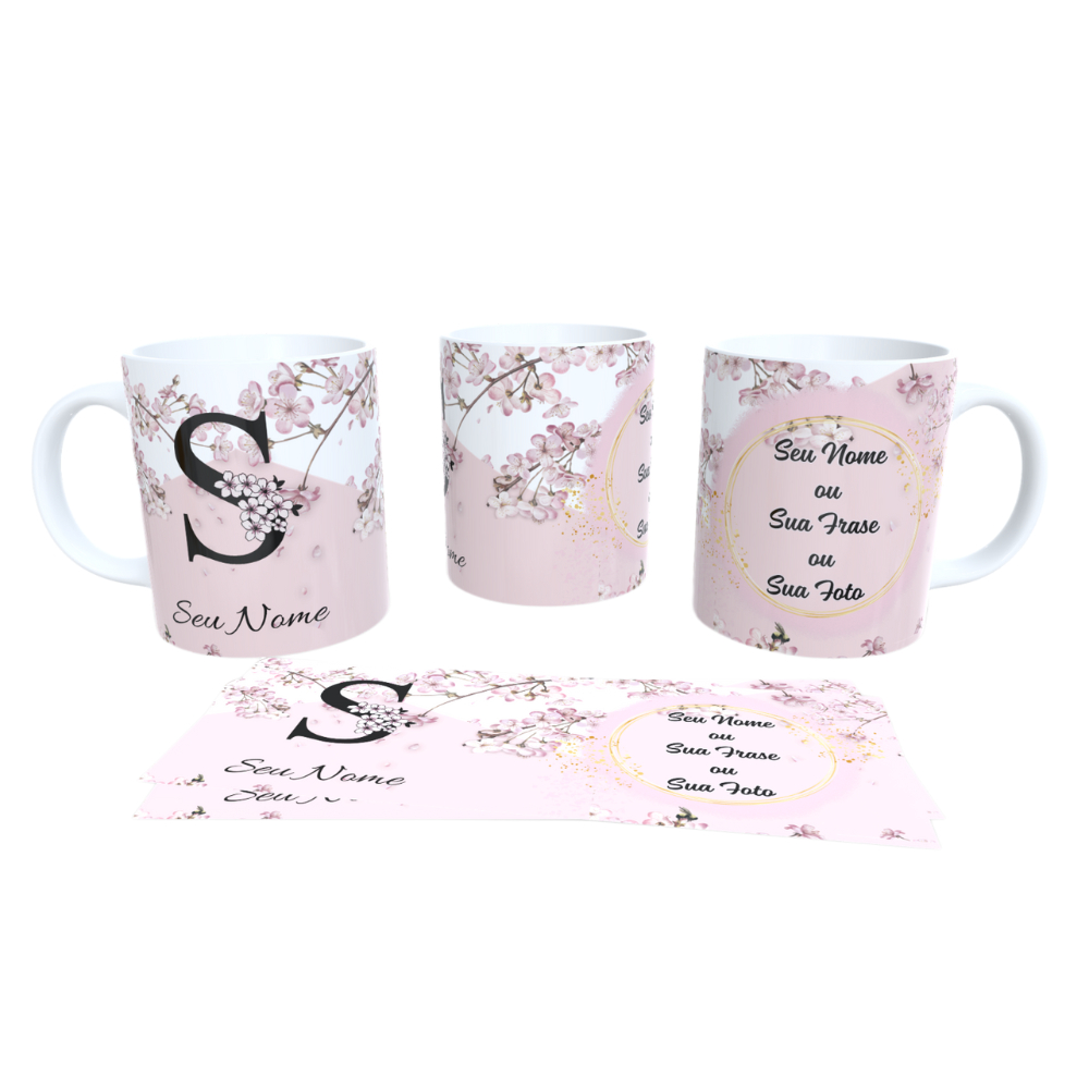 Caneca Xícara Feminina Porcelana Floral Cerejeira