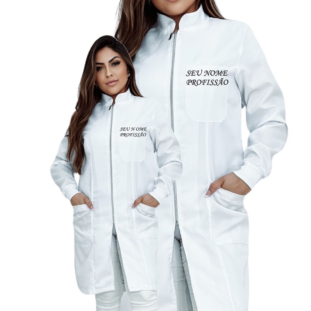 Jaleco Feminino Ziper Prata Branco Manga Longa Com