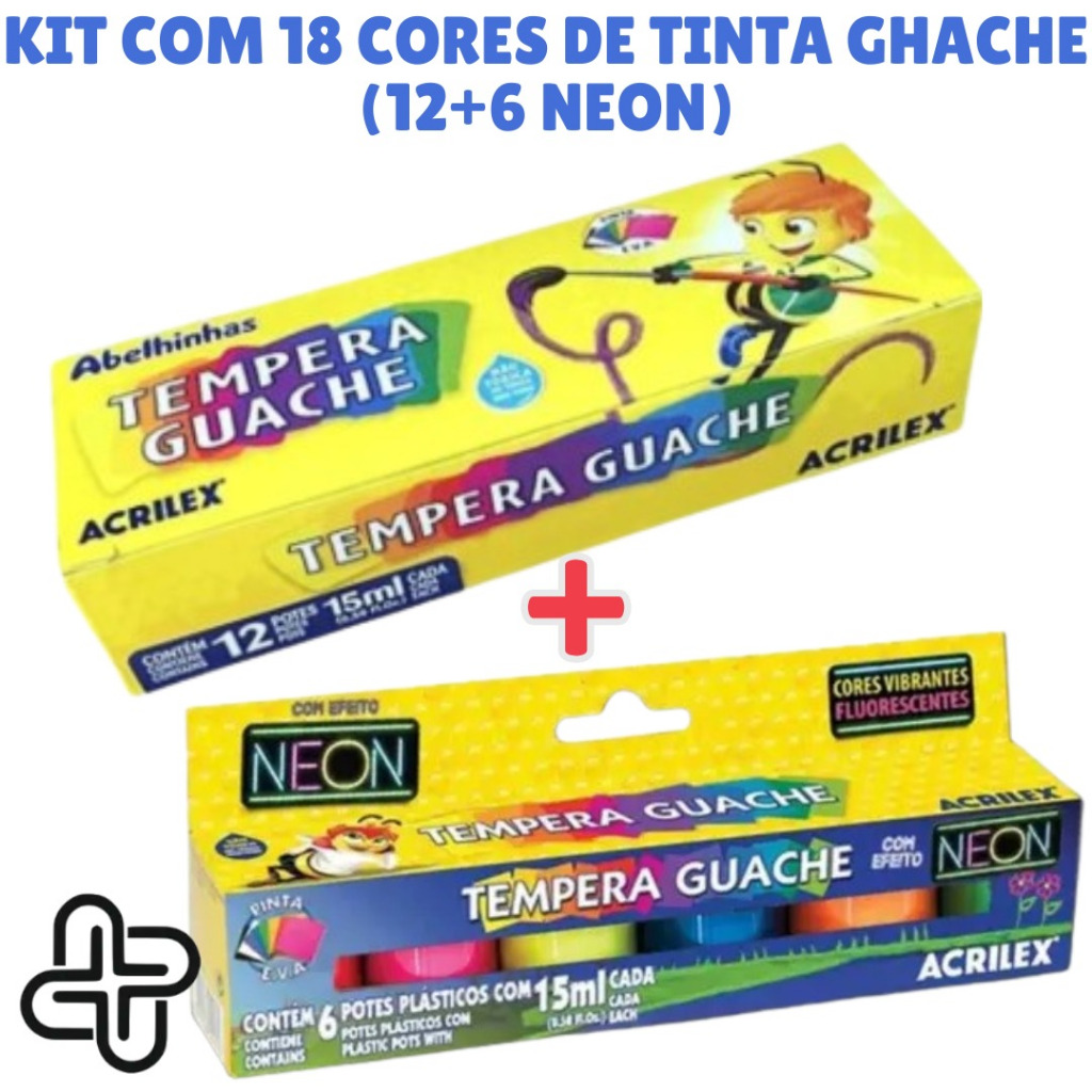 Tinta Guache 12 ou 18 Cores Tradicionais e Neon &#