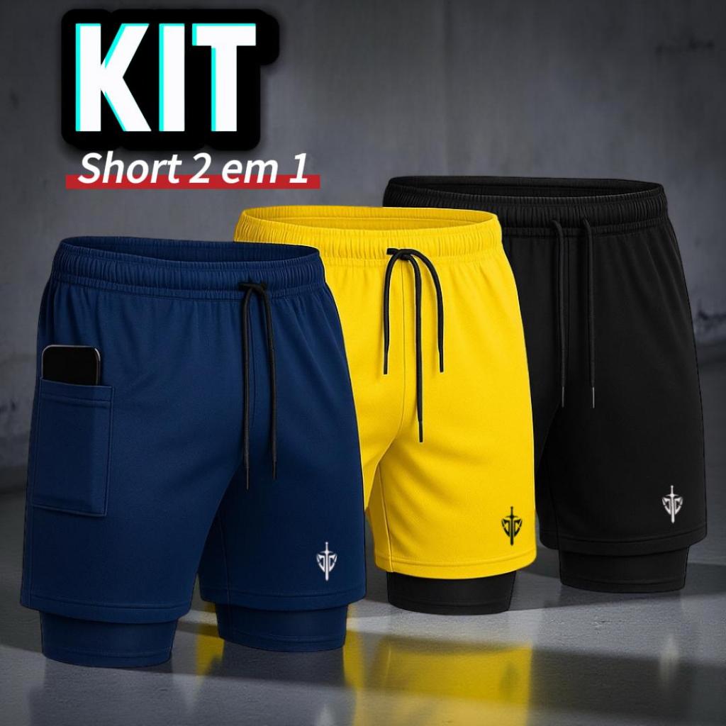 Kit Short 2 em 1 Masculina Academia Esporte Bermud