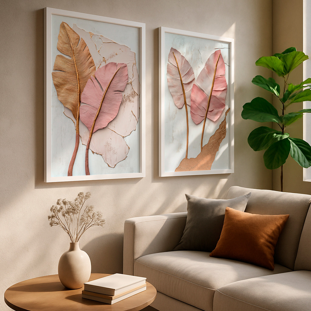 Kit 2 Quadros Folhas Douradas e Rosê Relevo Textu