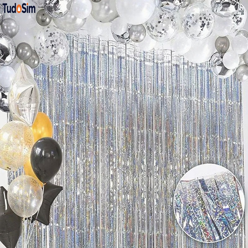 Kit1-4 Cortina Metalizada Prata Franja Metálica 2