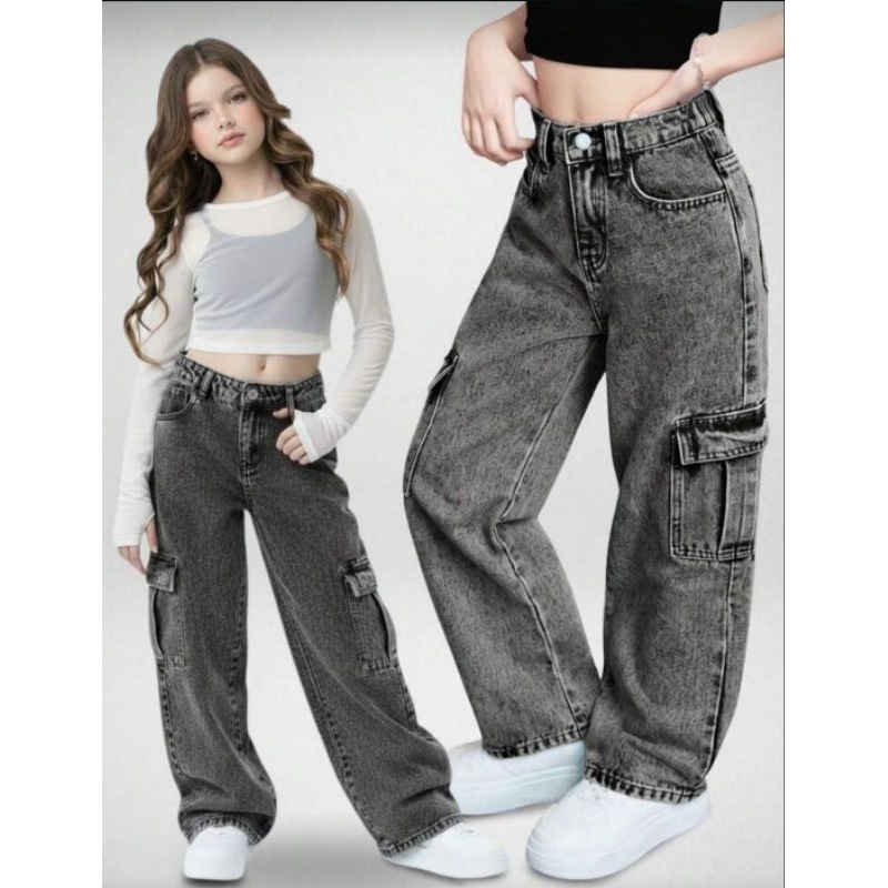 calça jeans Cargo grafite marmorizada menina infa