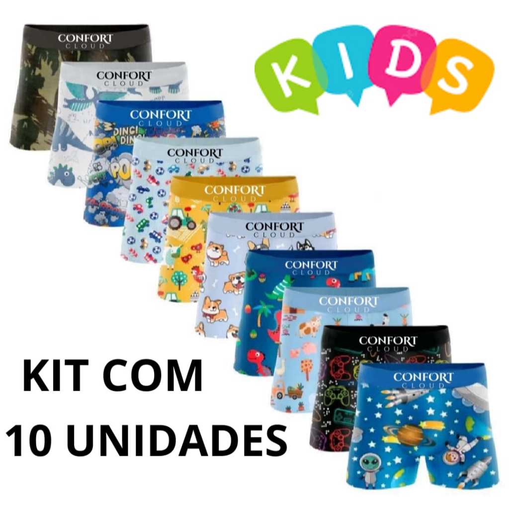 Kit 10 Cuecas box Infantil Microfibra Cueca Boxer 